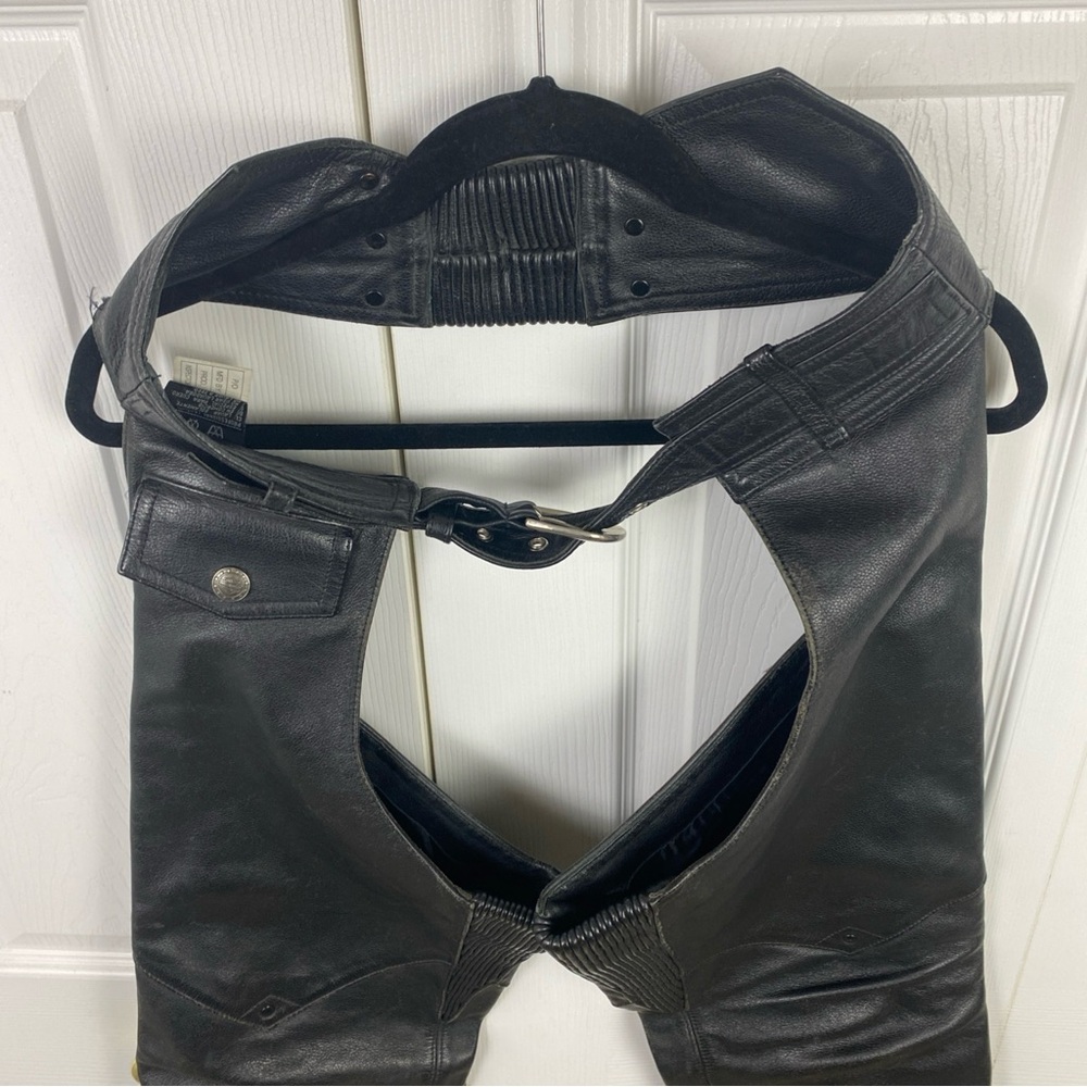 Harley Davidson Chaps Women XS Black Leather Riding Genuine Flared Leg Snap Away - Picture 2 of 9